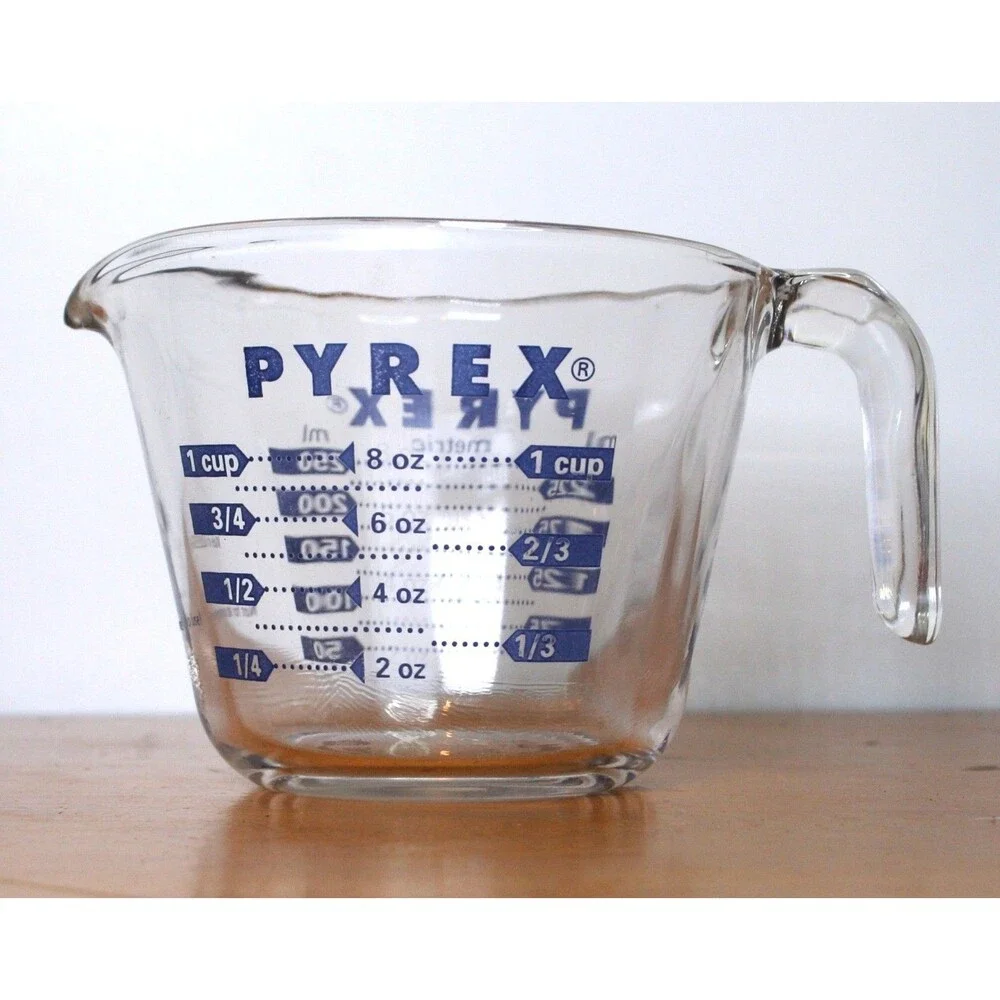 Vintage Pyrex 508 Measuring Cup • 1 Cup 8 oz Blue Text Open Handle • Made in USA